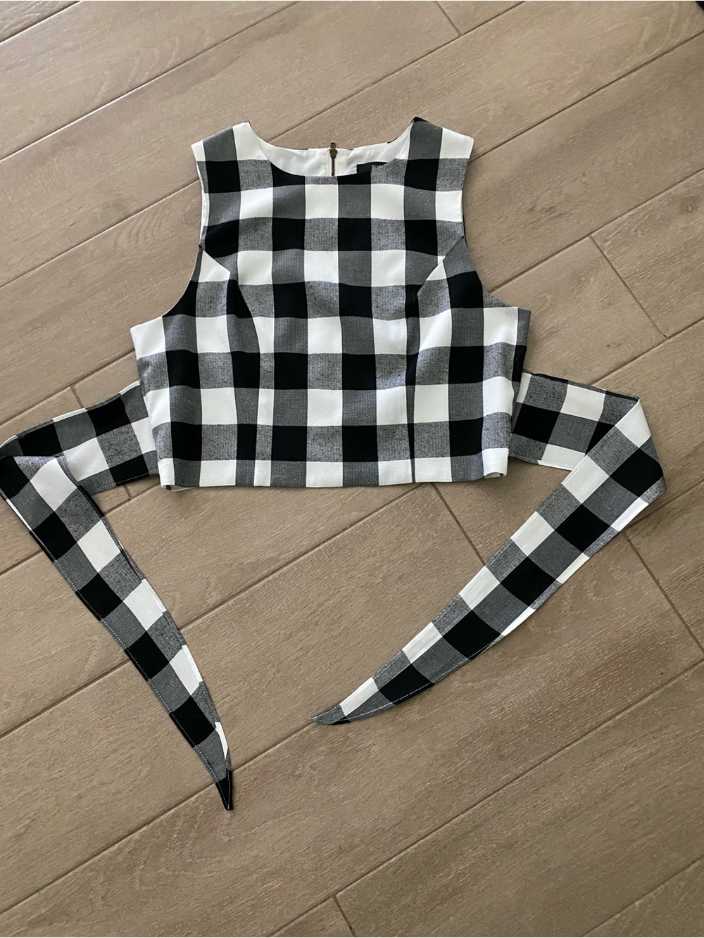 Sugarlips Black & White Buffalo Check Crop Top with Tie Straps